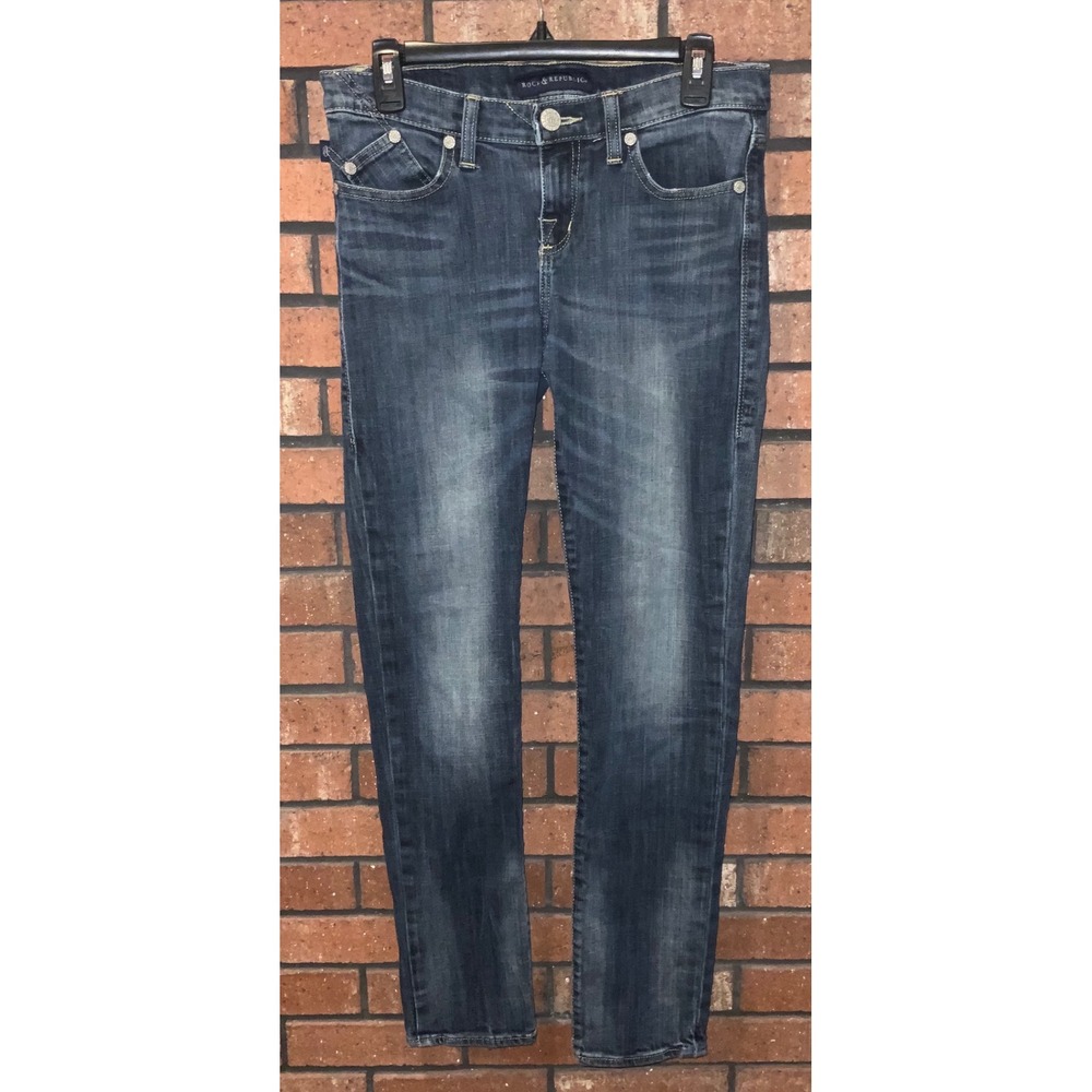 Rock & Republic Berlin Skinny Jeans Womens Dark Wash Blue Embroidered 8 M